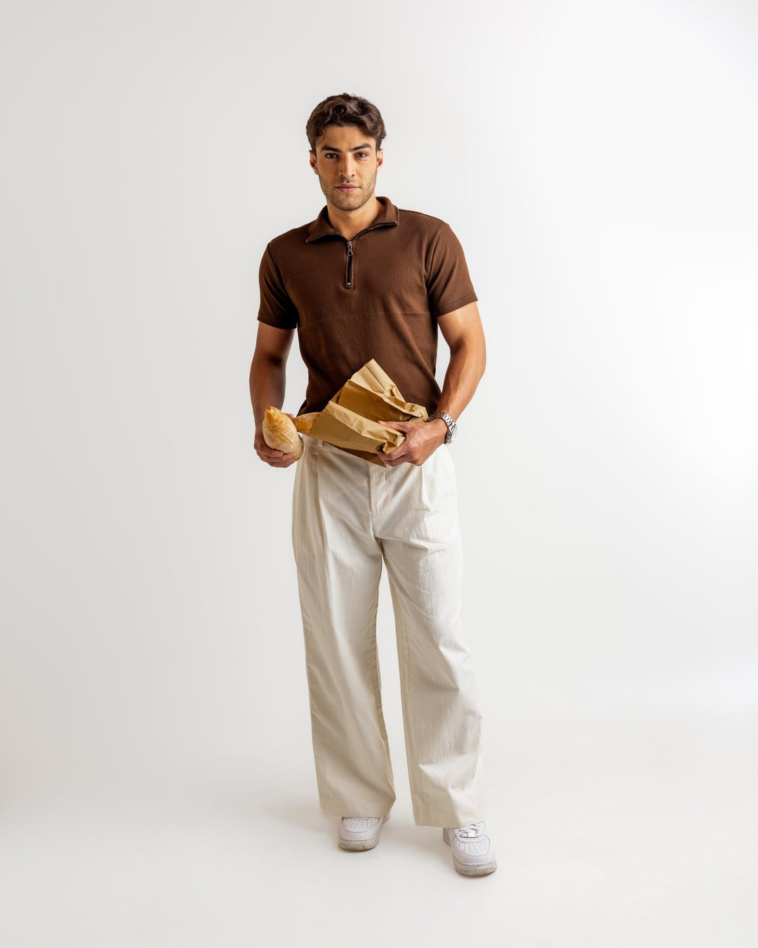 Brown Self Design Cotton Rib Zipper T-Shirt