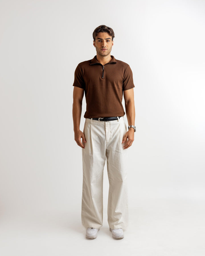 Brown Self Design Cotton Rib Zipper T-Shirt