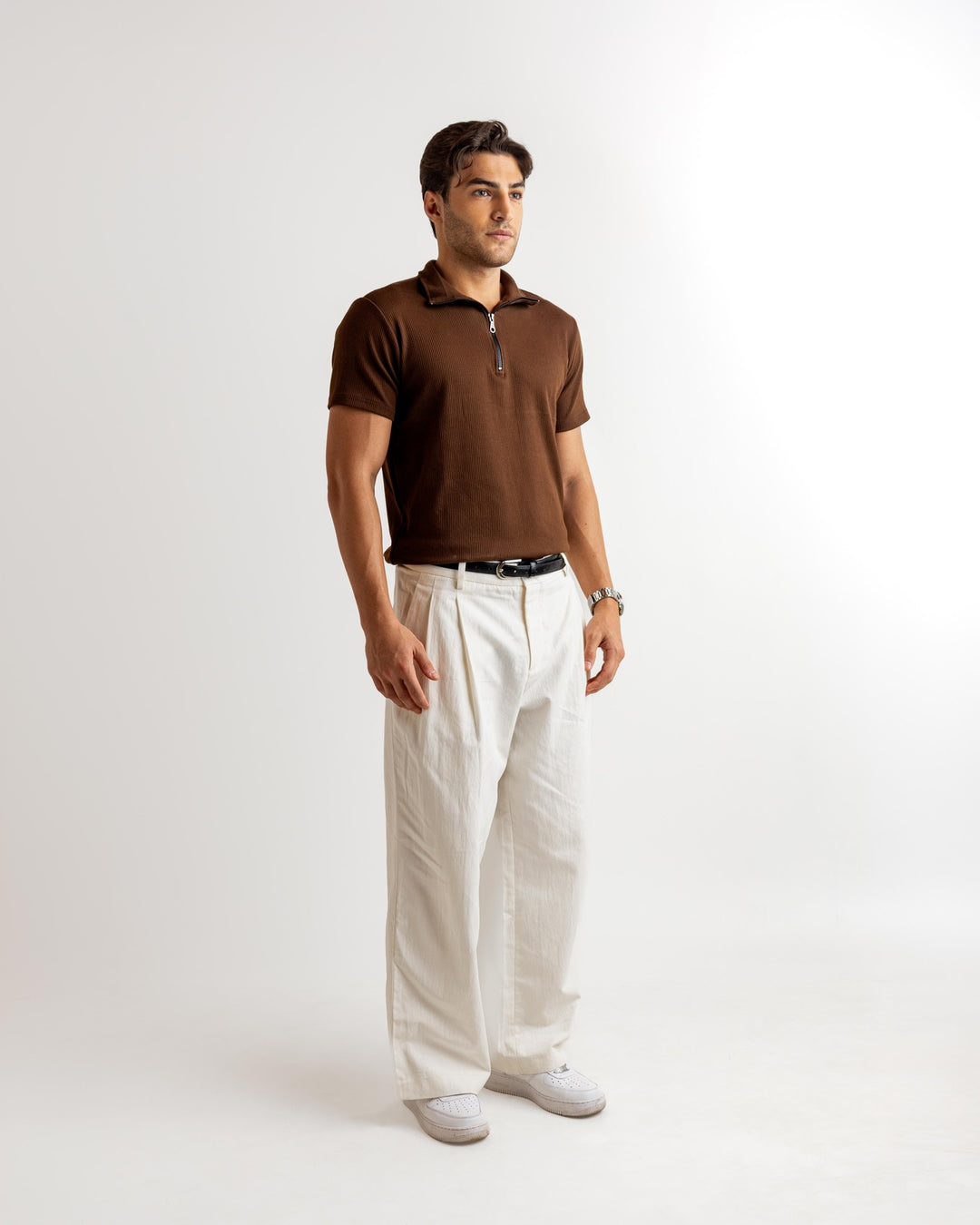 Brown Self Design Cotton Rib Zipper T-Shirt