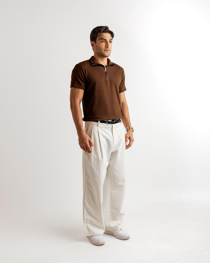 Brown Self Design Cotton Rib Zipper T-Shirt