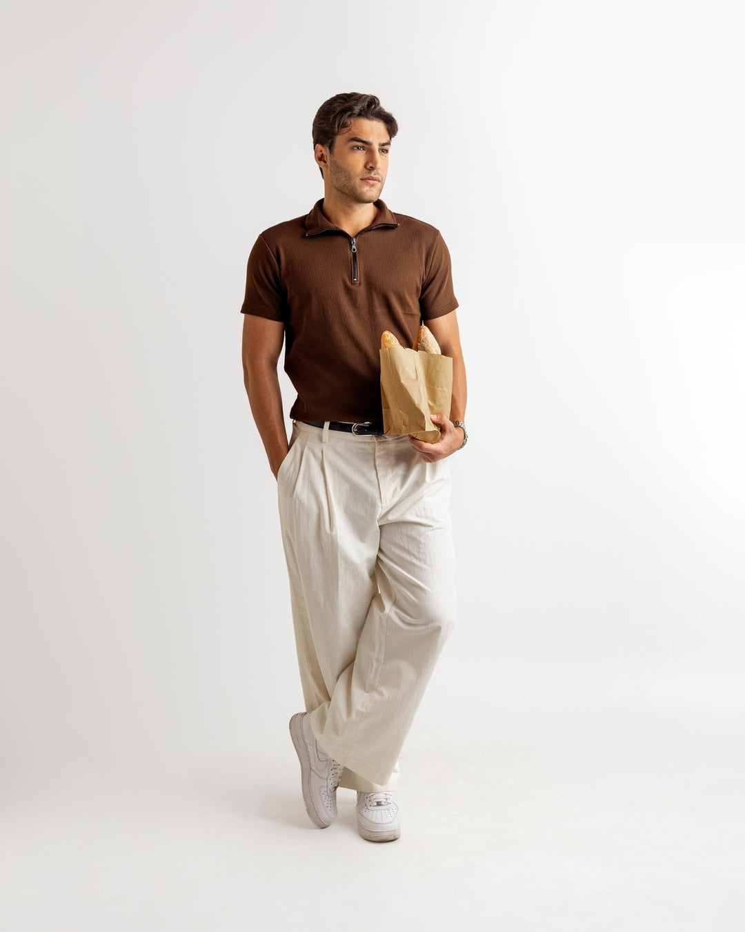 Brown Self Design Cotton Rib Zipper T-Shirt