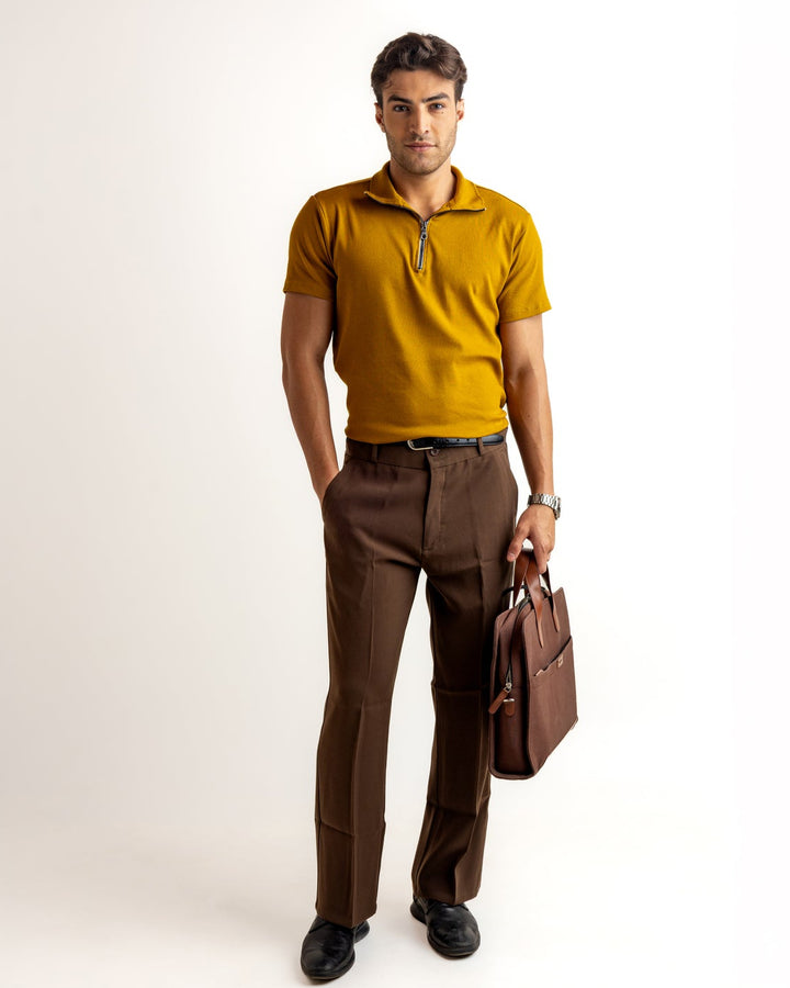 Mustard Self Design Cotton Rib Zipper T-Shirt