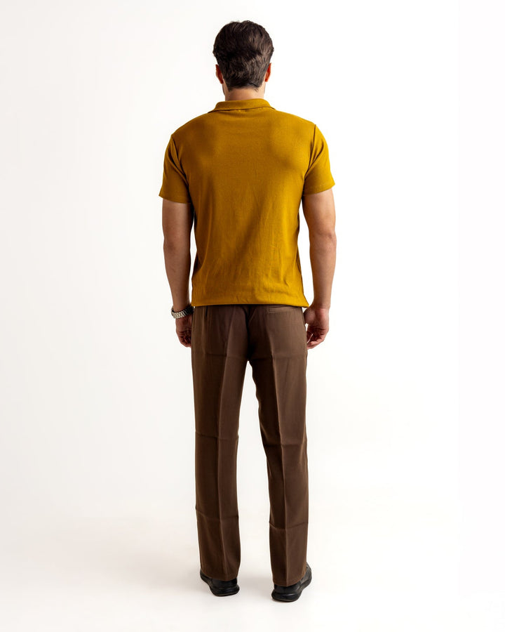 Mustard Self Design Cotton Rib Zipper T-Shirt