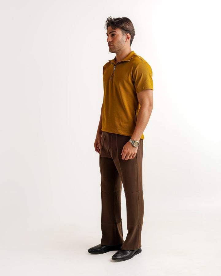 Mustard Self Design Cotton Rib Zipper T-Shirt