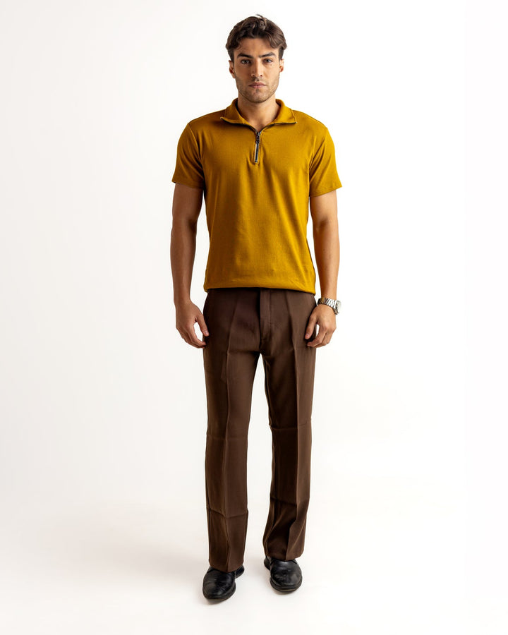 Mustard Self Design Cotton Rib Zipper T-Shirt
