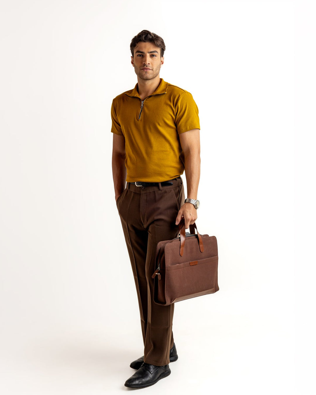 Mustard Self Design Cotton Rib Zipper T-Shirt