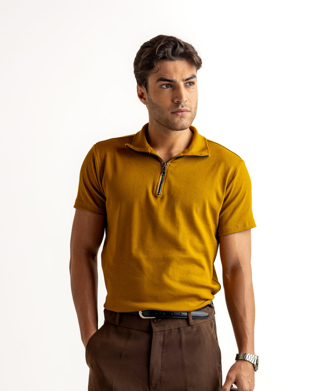 Mustard Self Design Cotton Rib Zipper T-Shirt