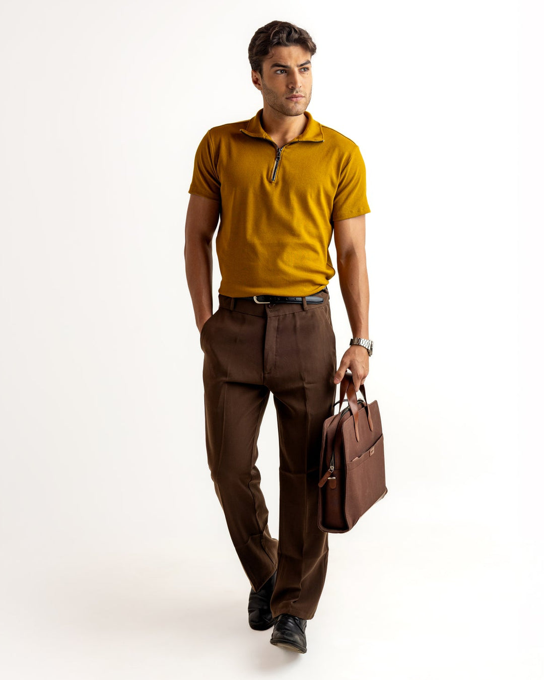 Mustard Self Design Cotton Rib Zipper T-Shirt