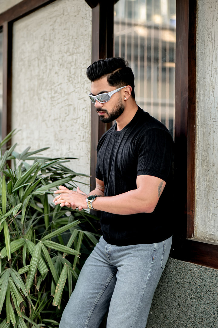 Black Premium Flat Knit Round Neck T-Shirt