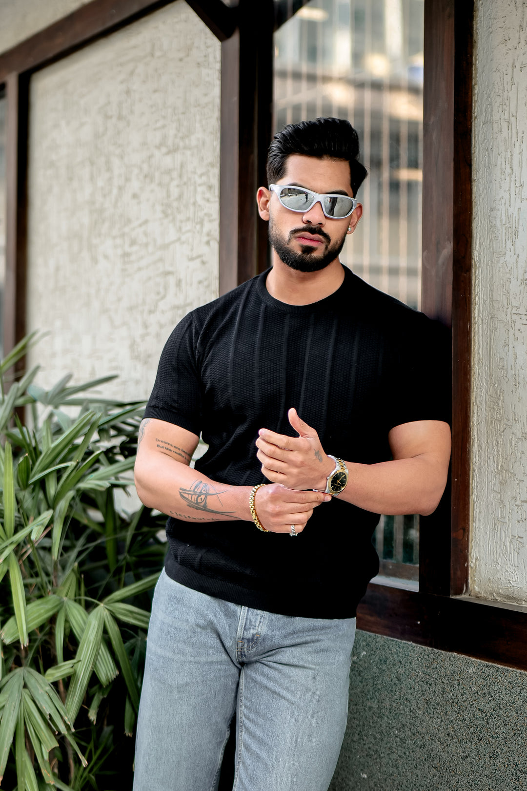 Black Premium Flat Knit Round Neck T-Shirt