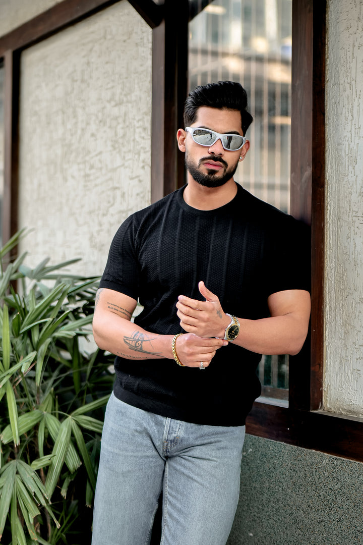 Black Premium Flat Knit Round Neck T-Shirt