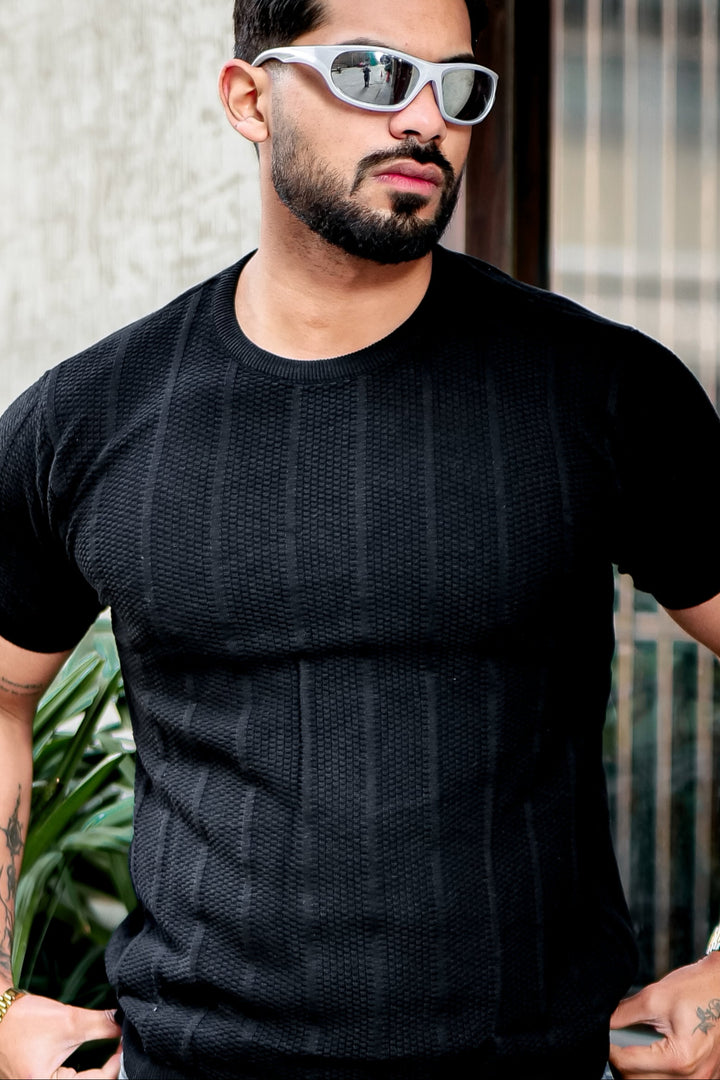 Black Premium Flat Knit Round Neck T-Shirt