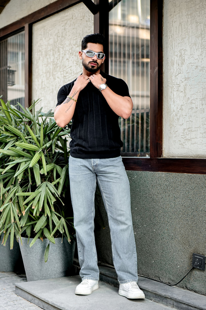 Black Premium Flat Knit Round Neck T-Shirt