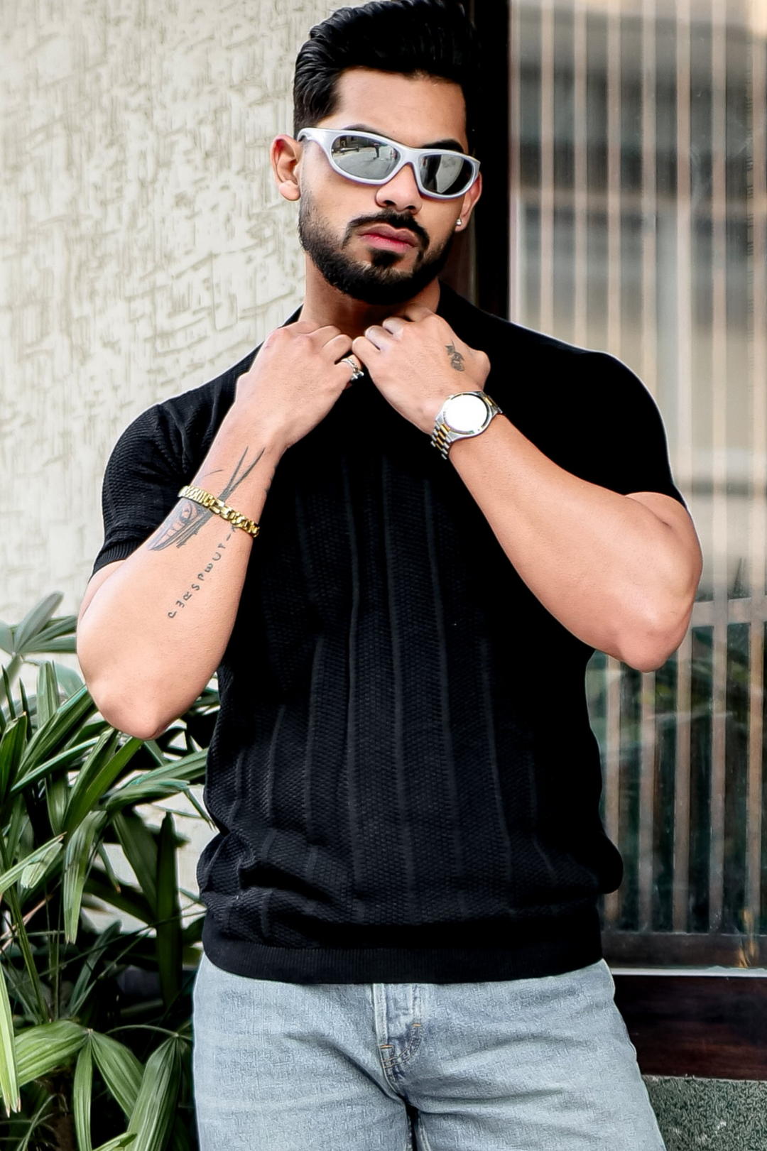 Black Premium Flat Knit Round Neck T-Shirt