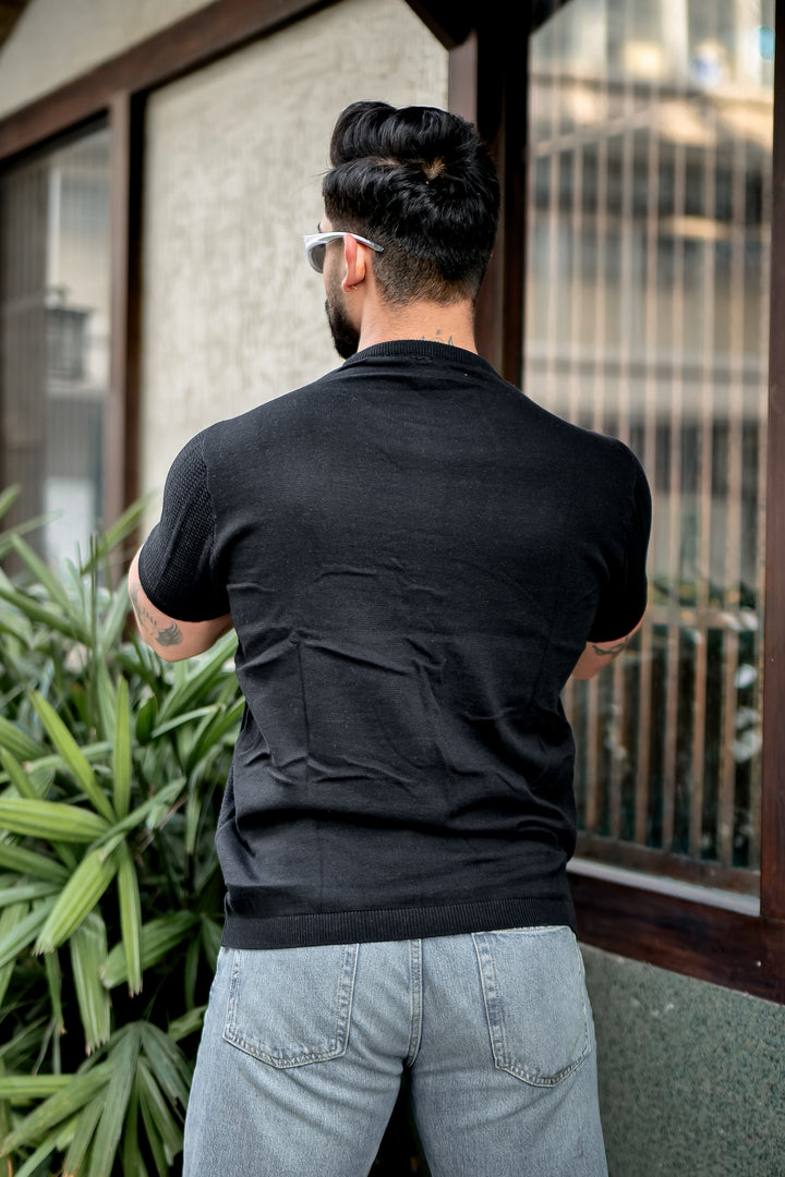 Black Premium Flat Knit Round Neck T-Shirt