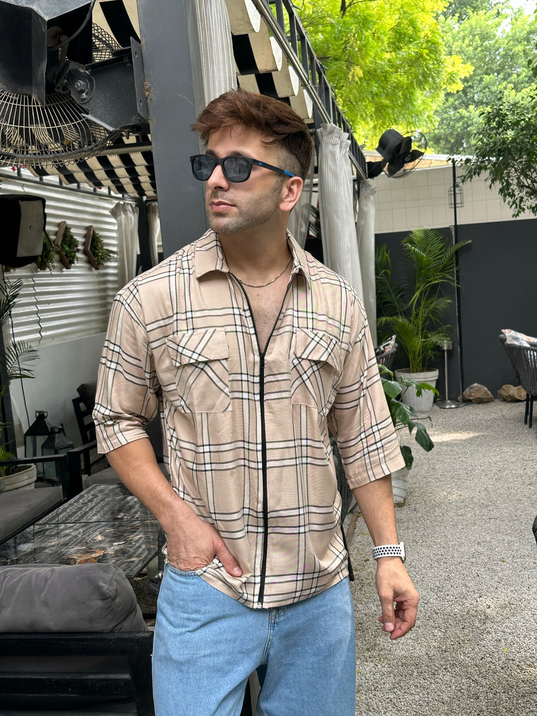 Beige Check Zipper Double Pocket Oversized Shirt