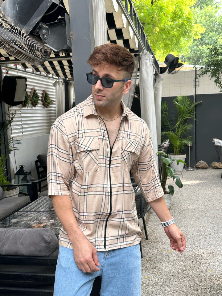 Beige Check Zipper Double Pocket Oversized Shirt