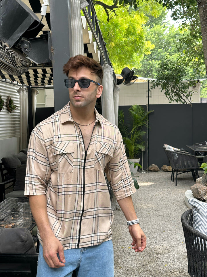 Beige Check Zipper Double Pocket Oversized Shirt
