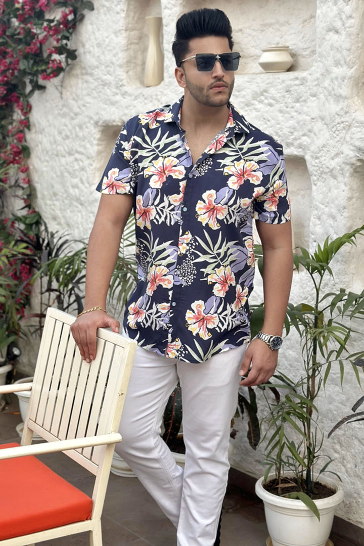 Navy Floral Printed Shirt