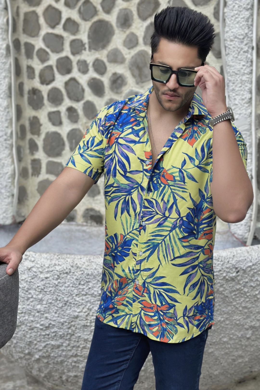 Green Floral Half Sleeve Rayon Shirt