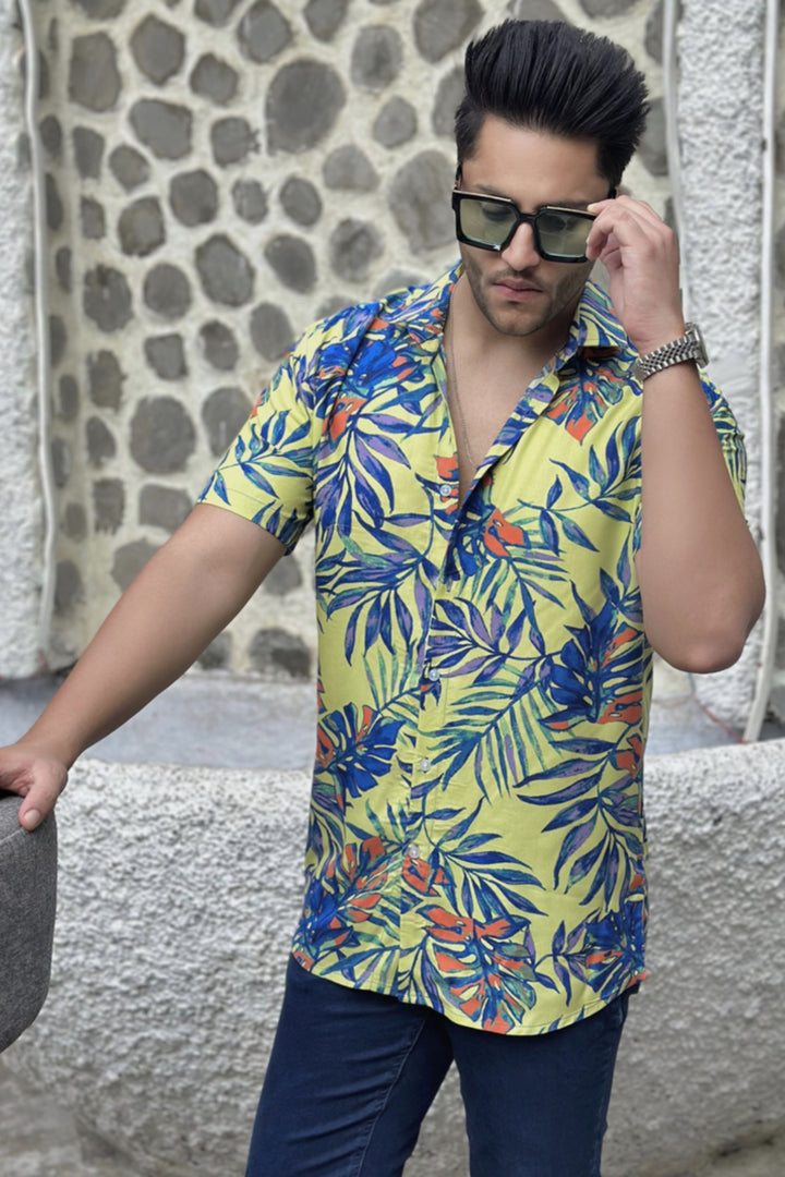 Green Floral Half Sleeve Rayon Shirt