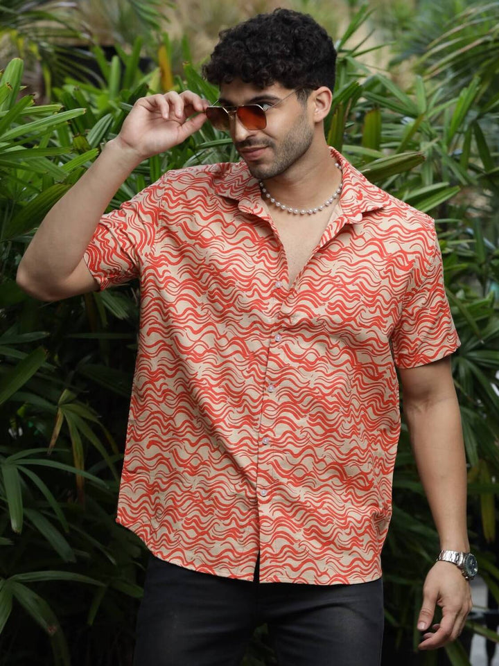 Chervon Half Sleeve Red Beige Shirt