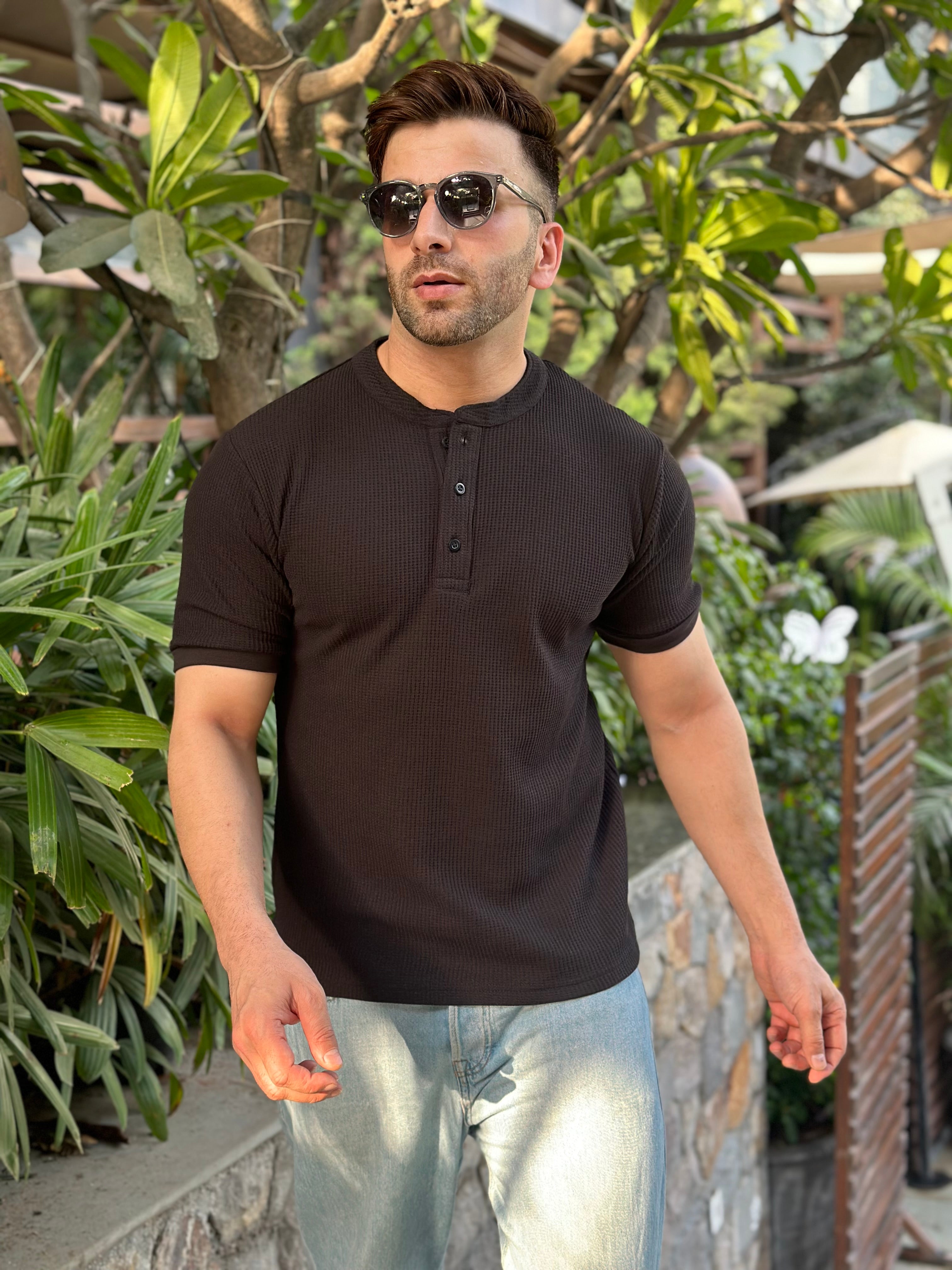 Black Waffle Half Sleeves Henley T-Shirt