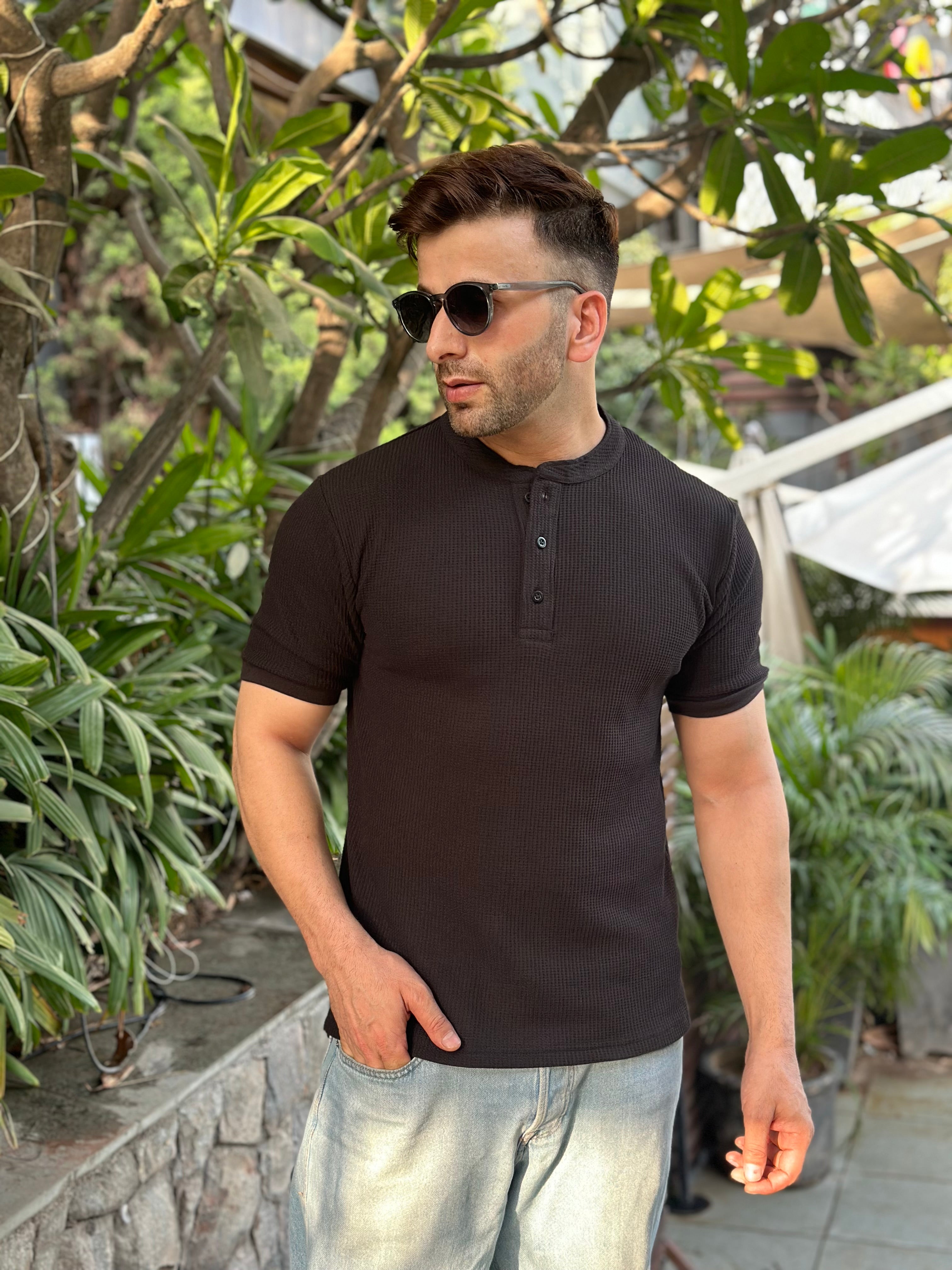 Black Waffle Half Sleeves Henley T-Shirt