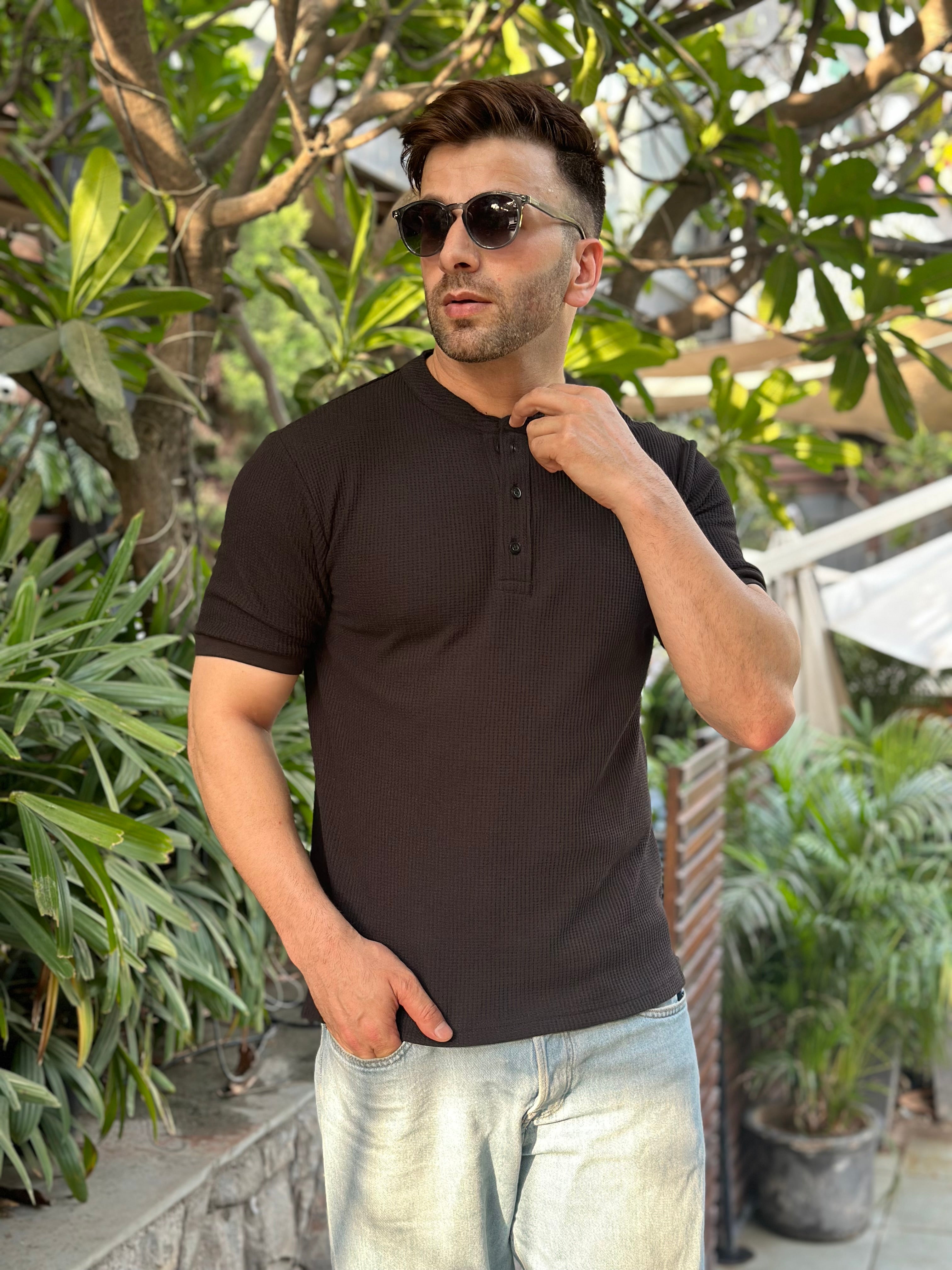 Black Waffle Half Sleeves Henley T-Shirt