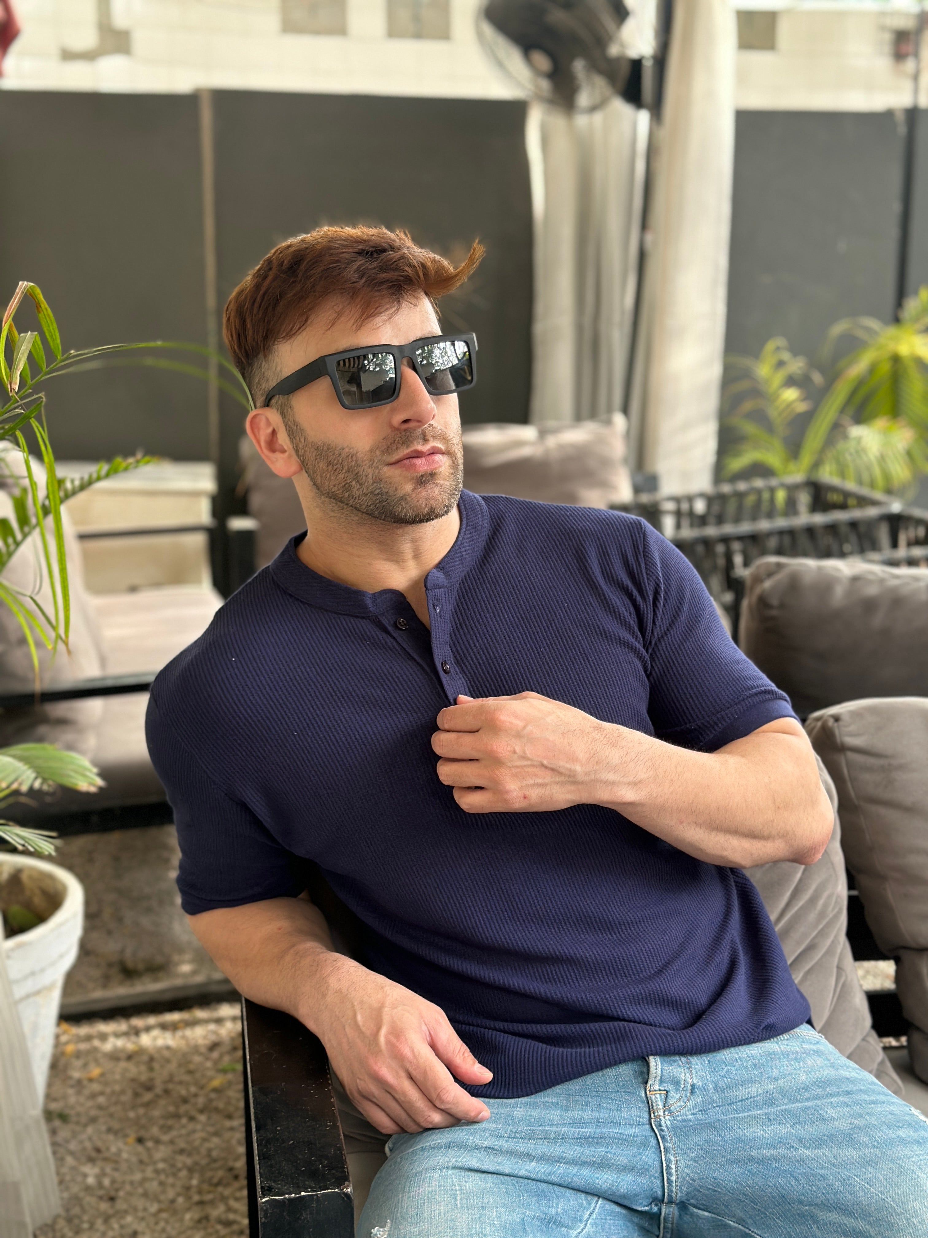 Navy Blue Waffle Knit Henley T-Shirt