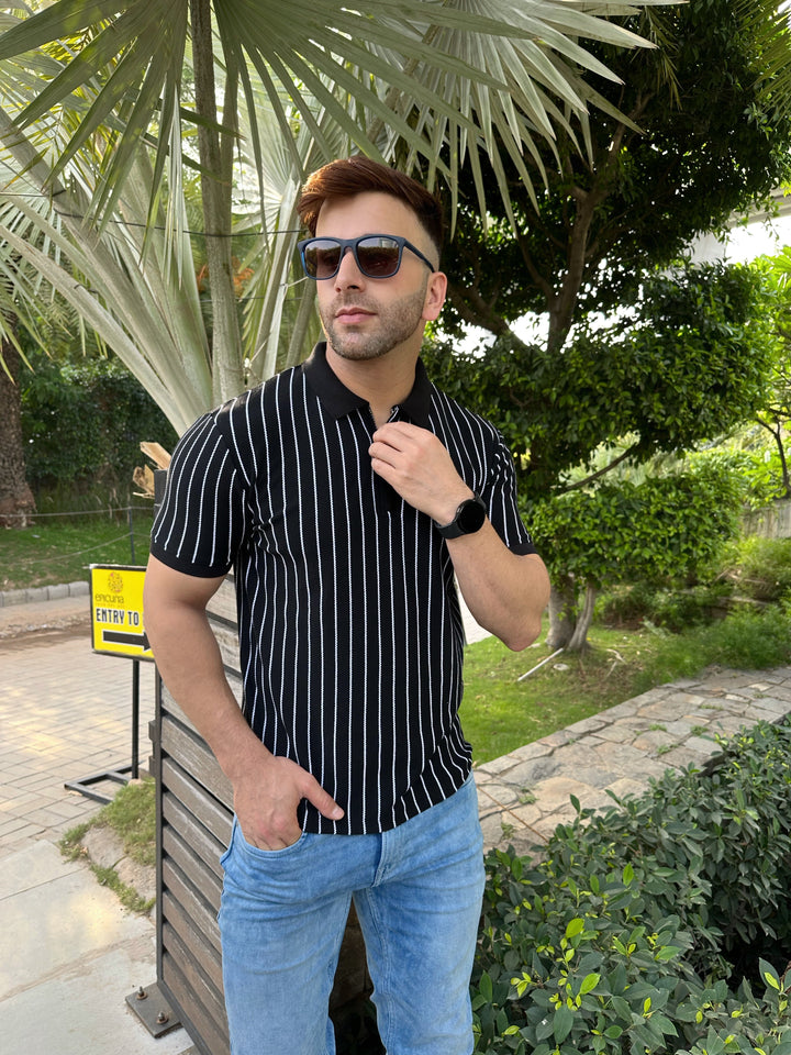 Black Stripes Flat Knit Polo T-Shirt