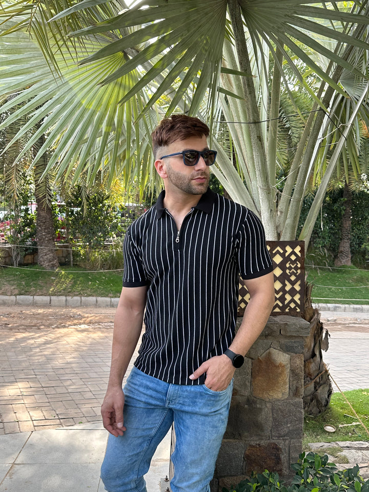 Black Stripes Flat Knit Polo T-Shirt