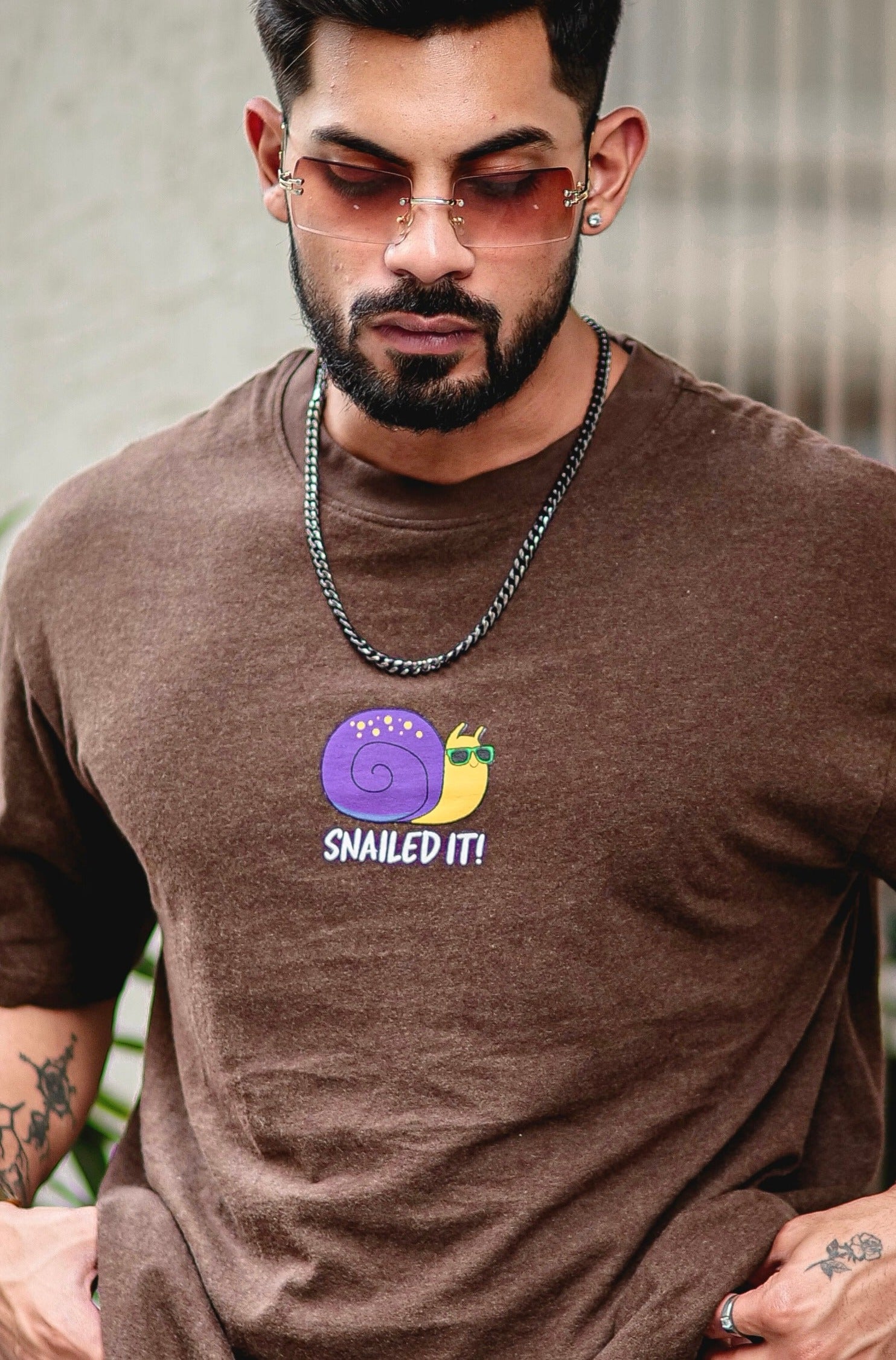 Brown "Snailed it" Print Oversized Cotton T-Shirt
