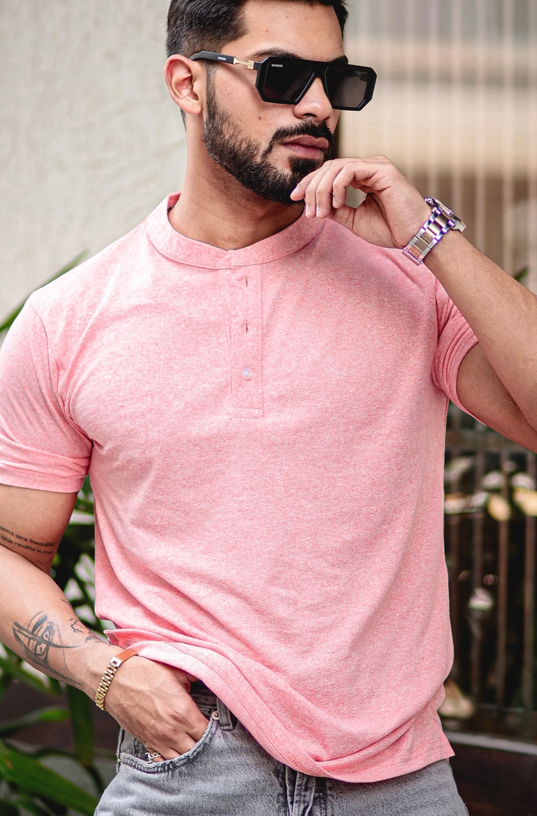 Pink Self Design Slub Henley T-Shirt