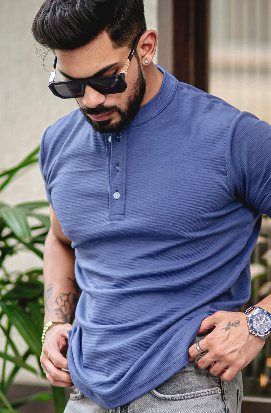 Dark Blue Self Design Henley T-Shirt