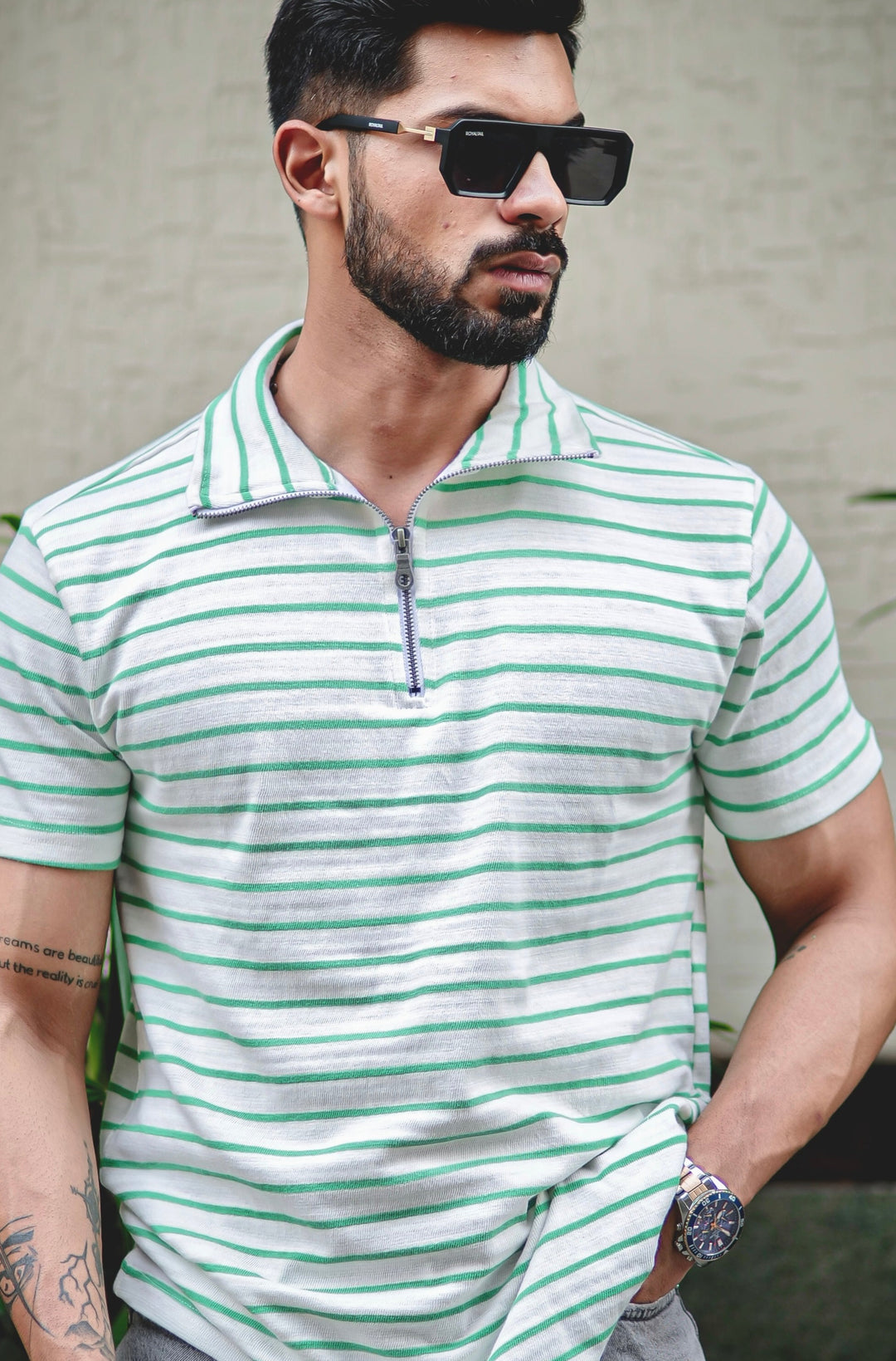 Green Stripes Self Design Zipper T-Shirt