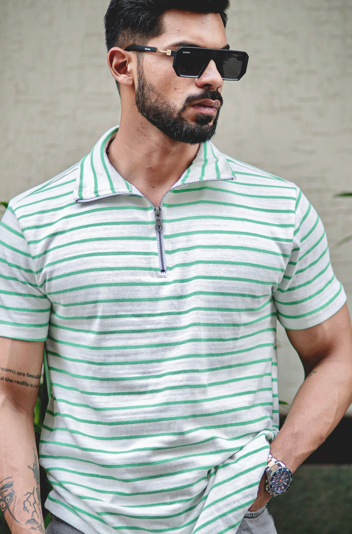 Green Stripes Self Design Zipper T-Shirt