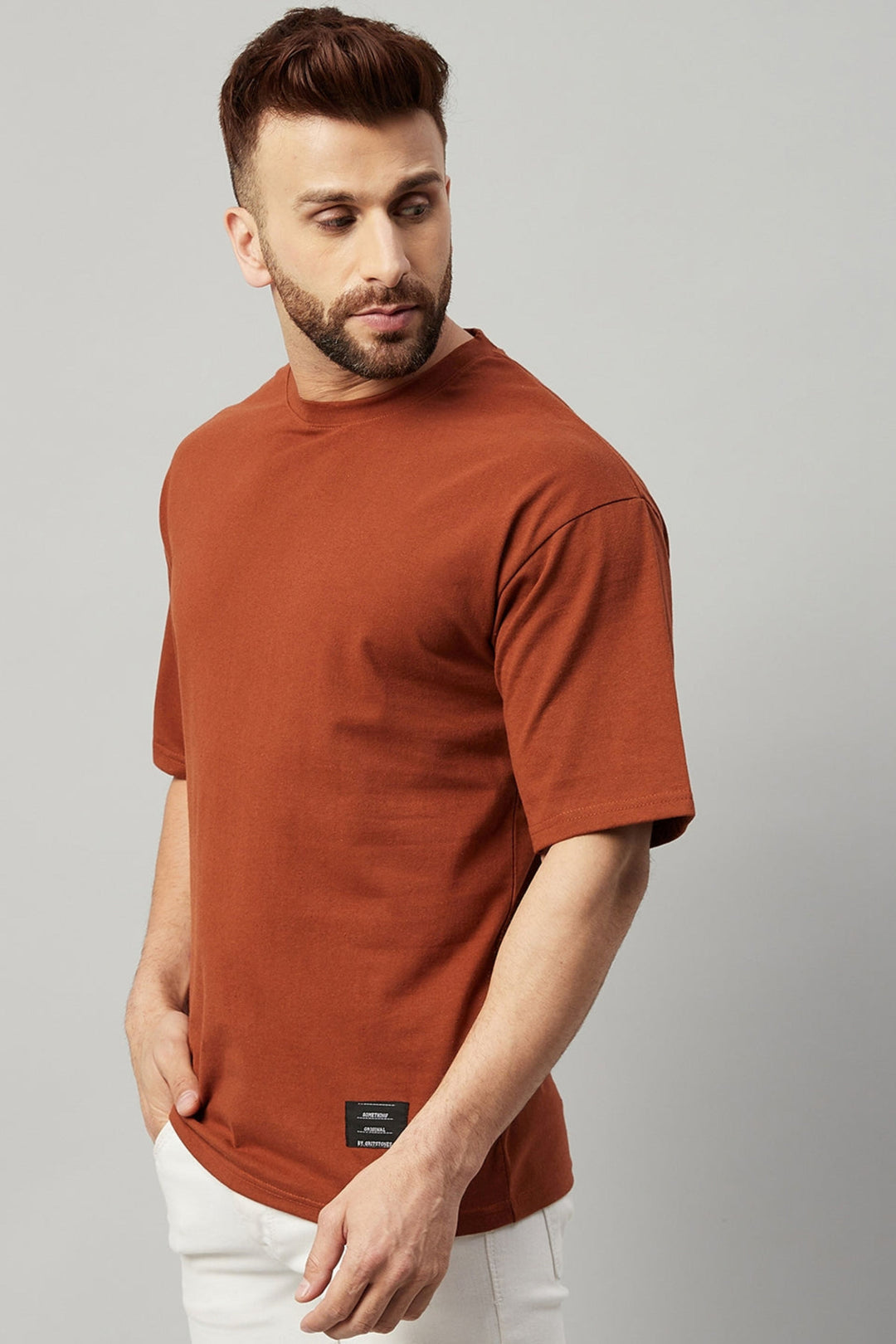 Brown Half Sleeve Oversized Solid T-Shirt