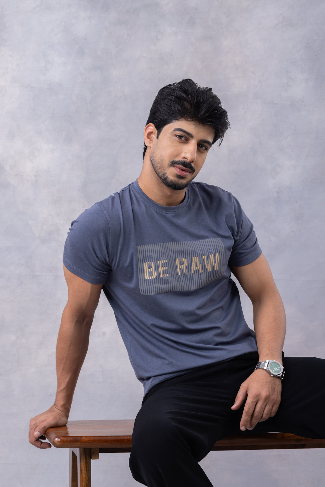 Blue "BE RAW" Half Sleeve Round Neck T-Shirt