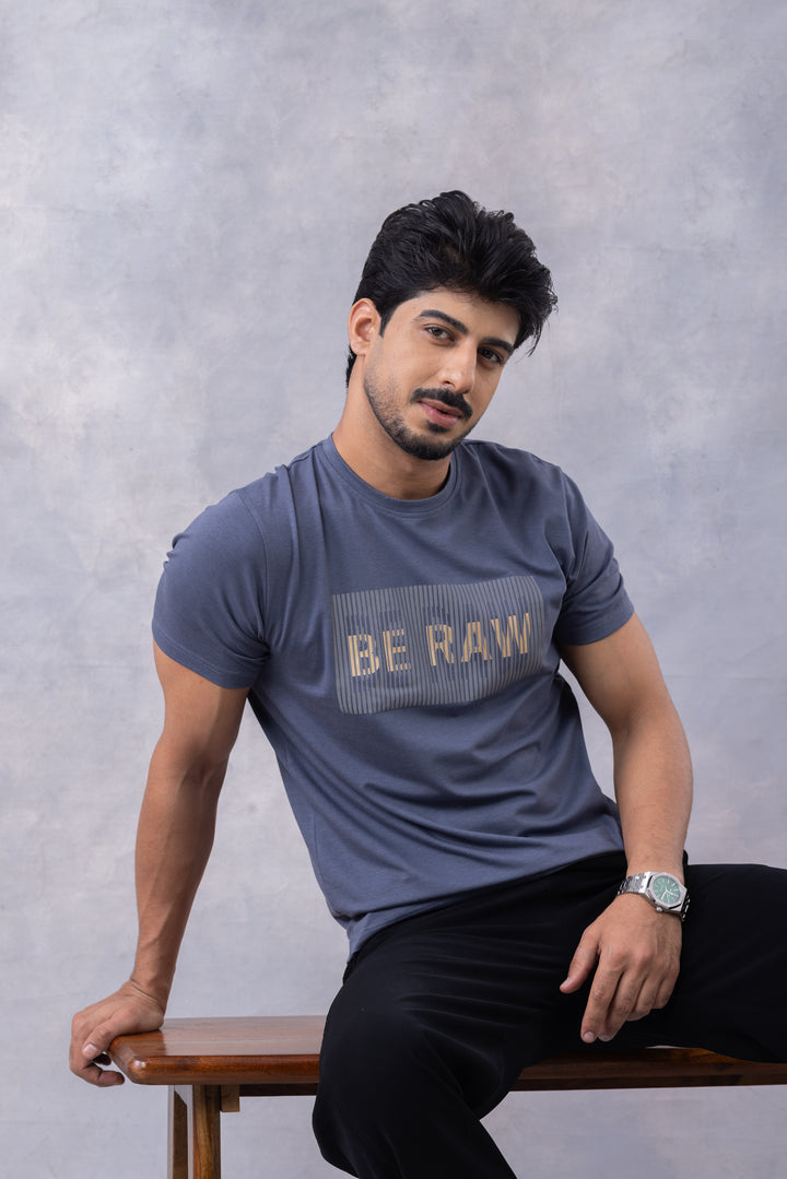 Blue "BE RAW" Half Sleeve Round Neck T-Shirt