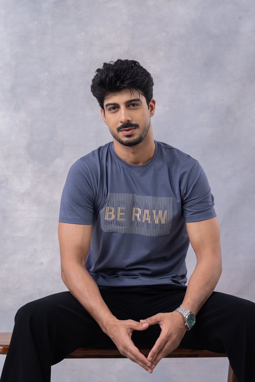 Blue "BE RAW" Half Sleeve Round Neck T-Shirt