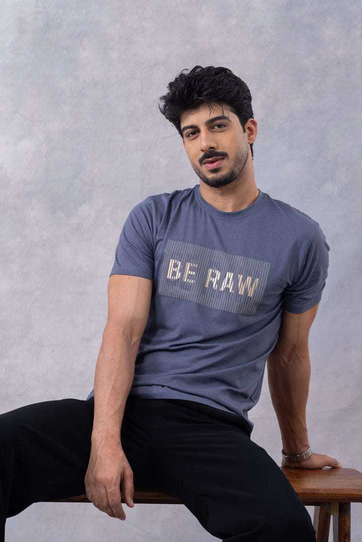 Blue "BE RAW" Half Sleeve Round Neck T-Shirt