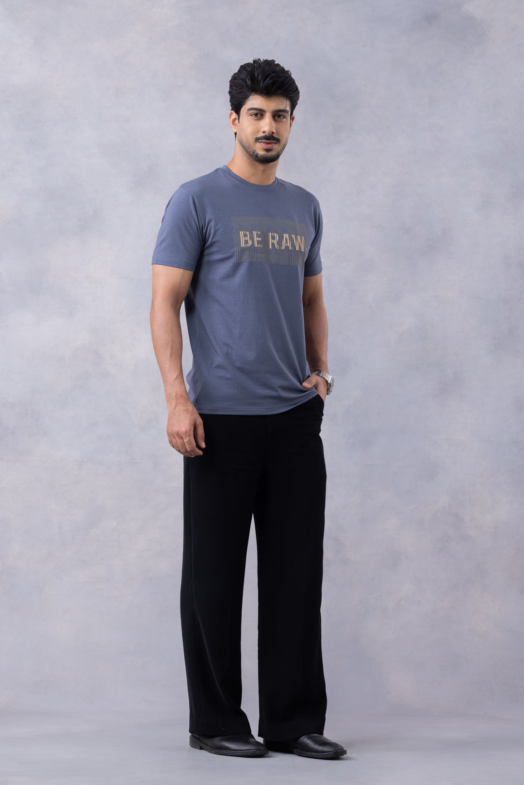 Blue "BE RAW" Half Sleeve Round Neck T-Shirt