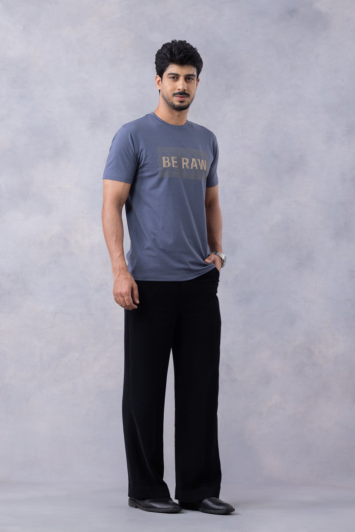 Blue "BE RAW" Half Sleeve Round Neck T-Shirt