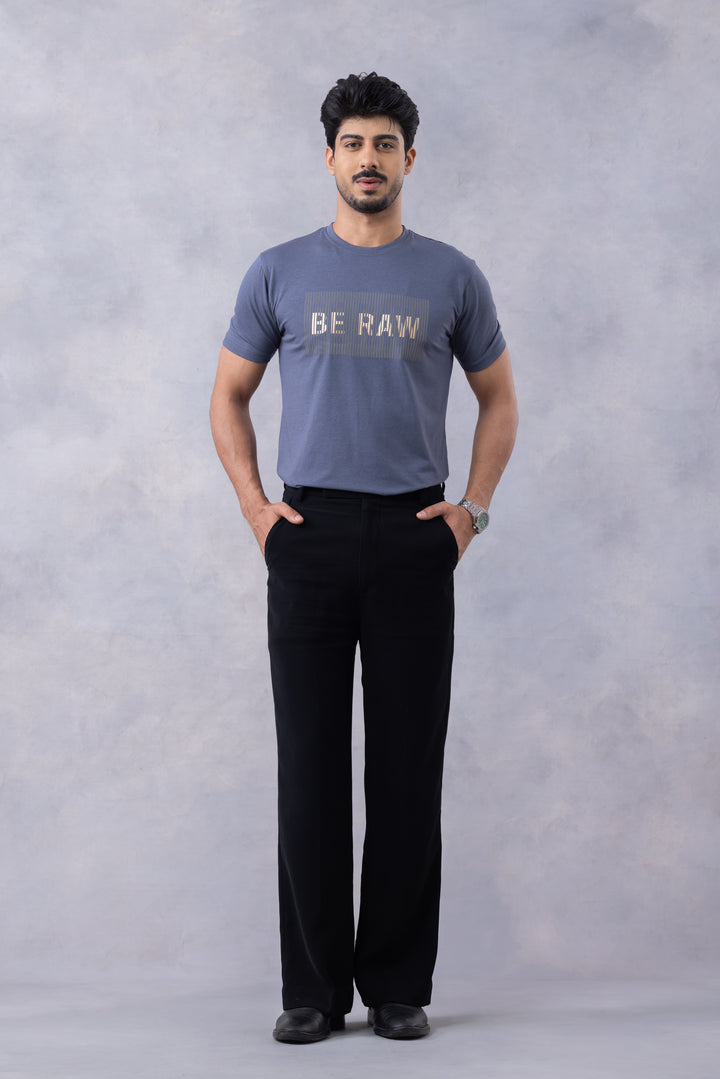 Blue "BE RAW" Half Sleeve Round Neck T-Shirt