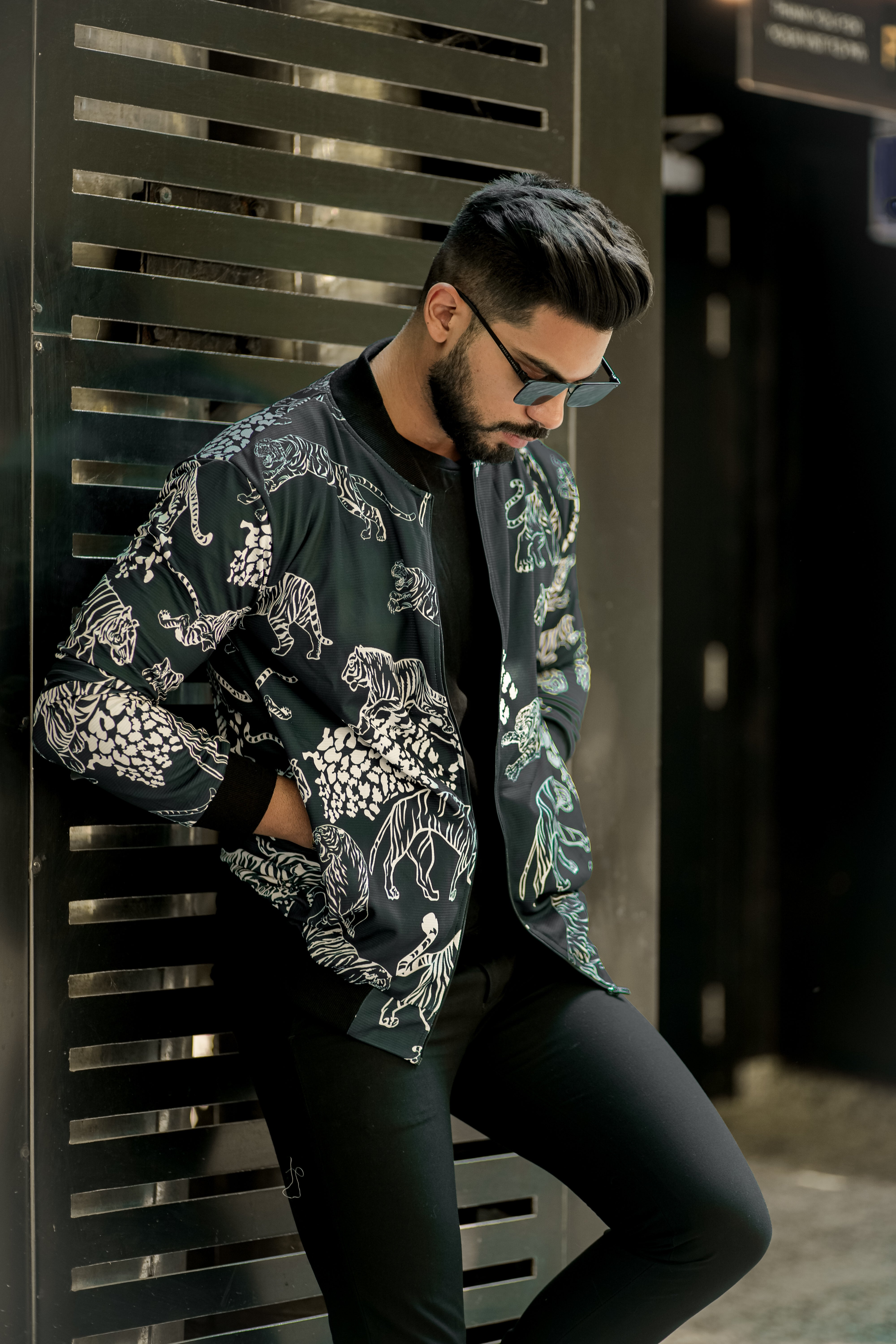 Dark Grey "Tiger Print" Bomber Jacket