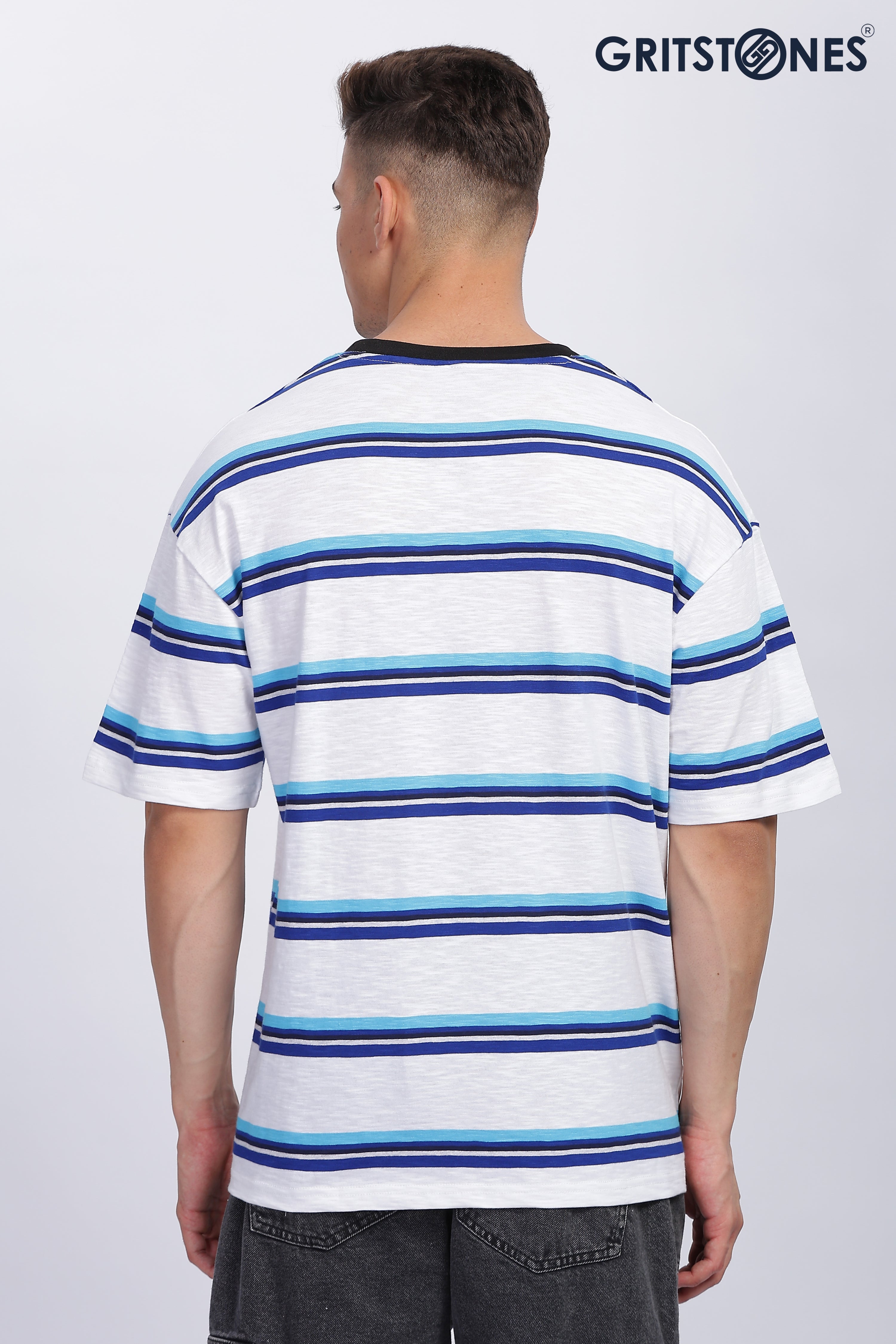 White & Blue Oversized Self Design T-Shirt