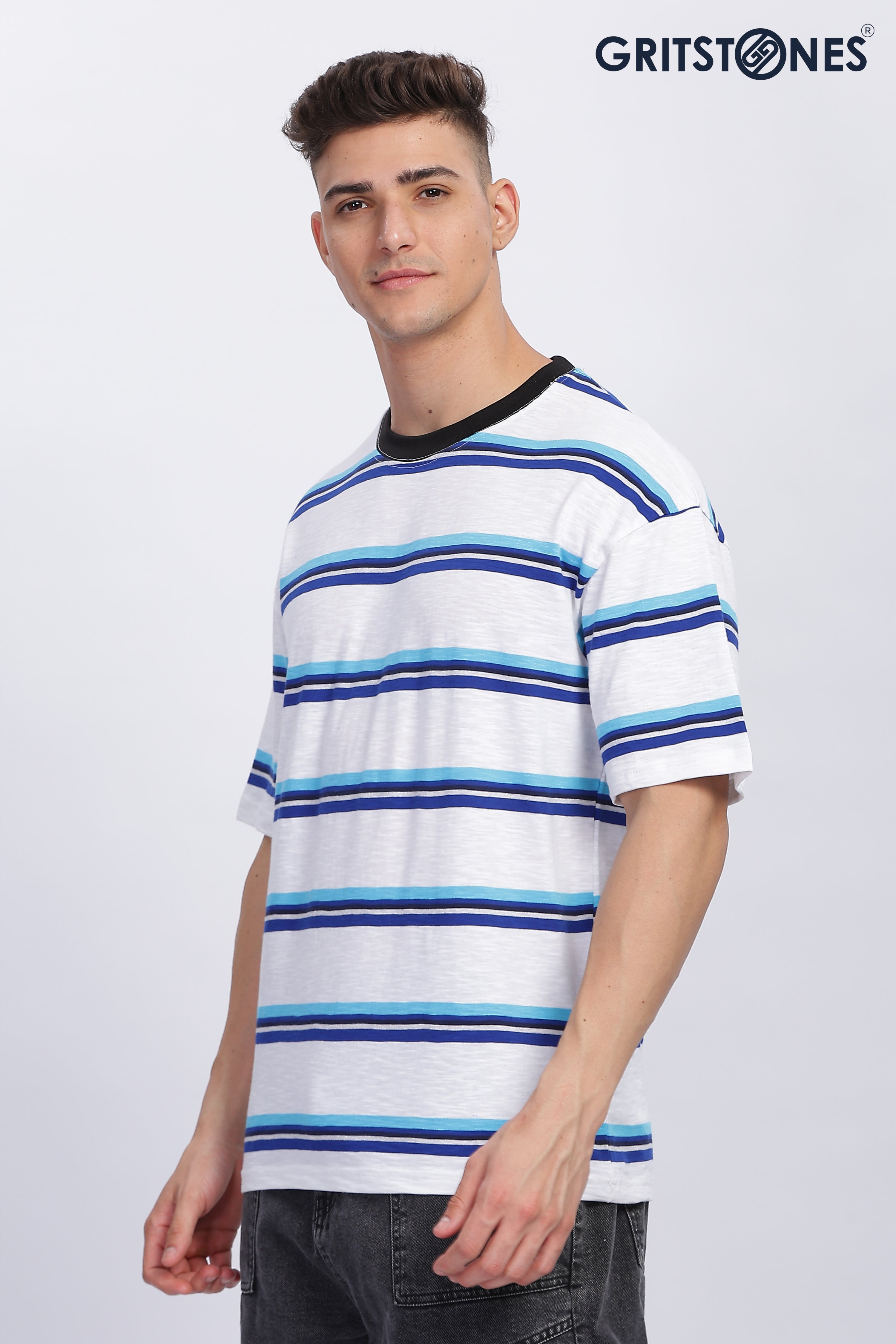 White & Blue Oversized Self Design T-Shirt