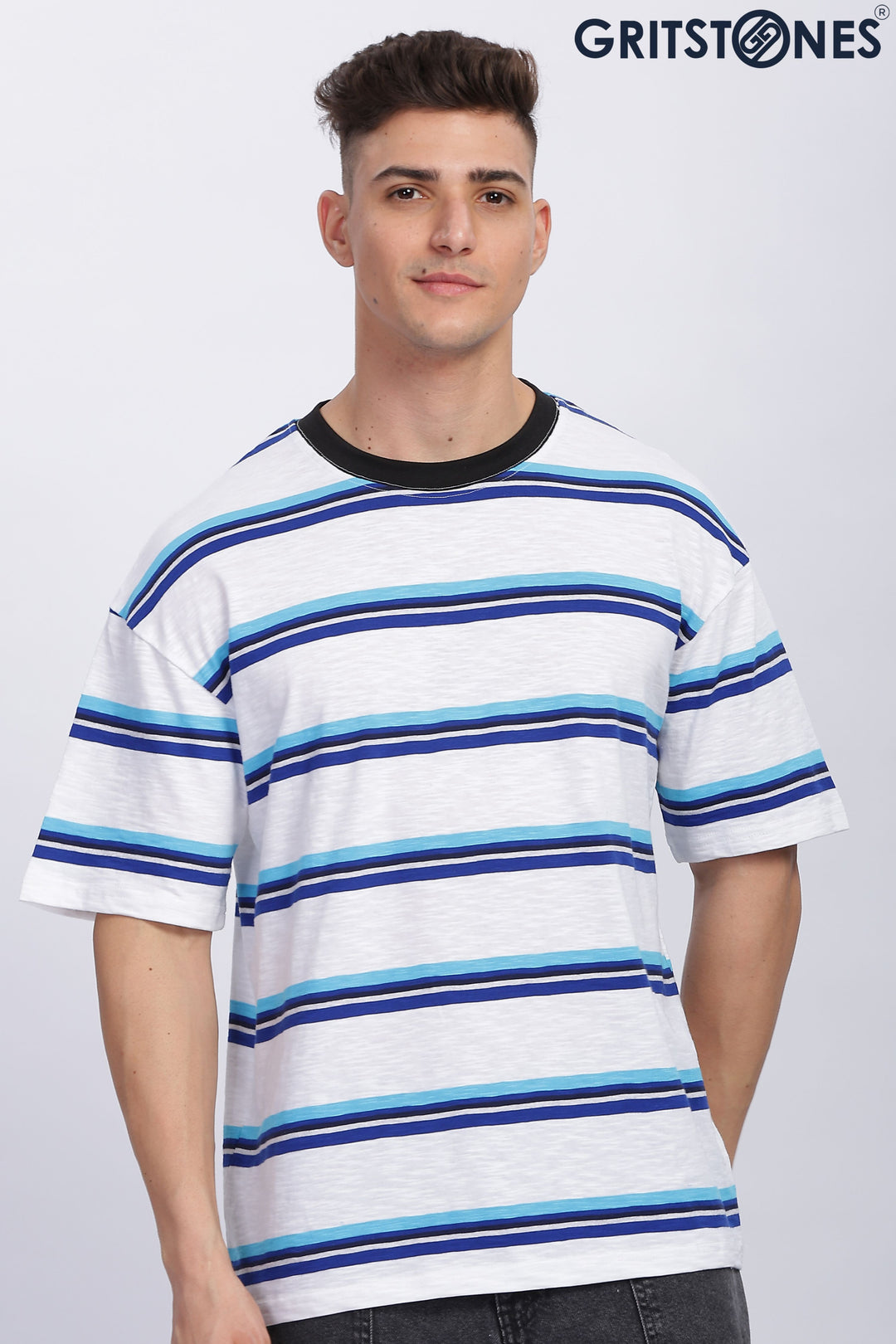 White & Blue Oversized Self Design T-Shirt