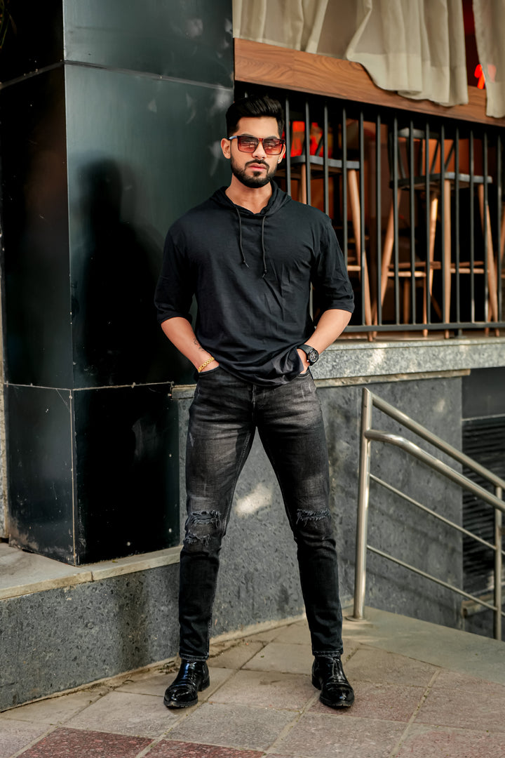 Black Slub Self Design Hooded T-Shirt